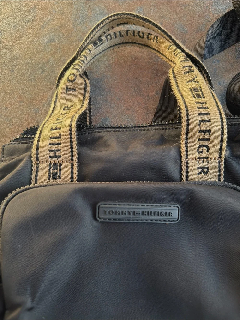 Tommy Hilfiger Black Nylon Messenger Bag with Branded Tan Handles